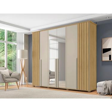 Imagem de Guarda Roupa Amsterdã II 6 Portas Ripado com Espelho Cinamomo/Off White - RV Móveis