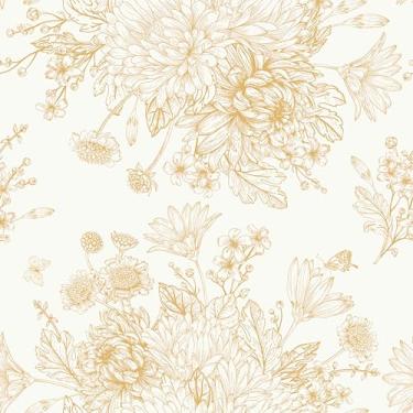 Imagem de Mangoloo Vinatge Papel de parede floral dourado de crisântemo bege para banheiro quarto 44,5 cm x 259 cm papel de contato com textura dourada removível autoadesivo para armários forro de prateleira