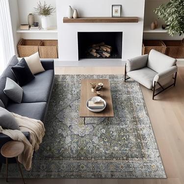 Imagem de Ashler Tapete Boho Area, 22 x 30 cm, Vintage, Cinza Cia/Amarelo Terroso, Antiderrapante e Lavável na Máquina