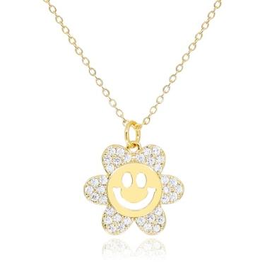 Imagem de MUSEQVE Colar de flor com rosto sorridente para mulheres, adolescentes, banhado a ouro 14 K, zircônia cúbica, com pingente de girassol, joia fofa para filha [SMN-FL], 17 inch with 2 inch extender,