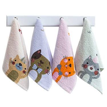 Imagem de Kissvian Pacote com 4 toalhas de banho de mão de gato de desenho animado, toalhas de banho de ponta do dedo para casa, toalhas de banho infantis de algodão puro, pele de fechamento suave, tamanho 25,4 cm x 50,8 cm