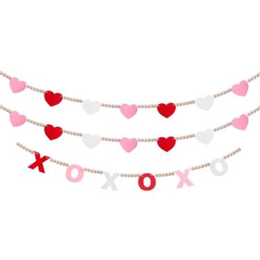 Imagem de ZhowHoHo 3 Peças Guirlanda De Dia Dos Namorados Coração Guirlanda Xoxo Para Decoração De Manto De Dia Dos Namorados Corações De Feltro Pendurados Letras Xoxo Banner De Contas De Madeira Para Lareira