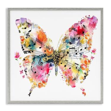 Imagem de Stupell Industries Butterfly & Music Notes Gray Framed Giclee Wall Art Design por LSR Design Studio, 12 x 12
