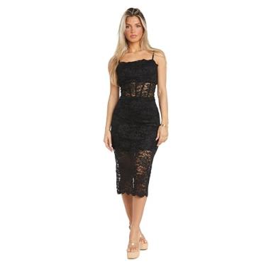 Imagem de Vestido midi de renda com saia elástica embaixo com cintura ilusão e corpete com acabamento recortado, Preto, 9