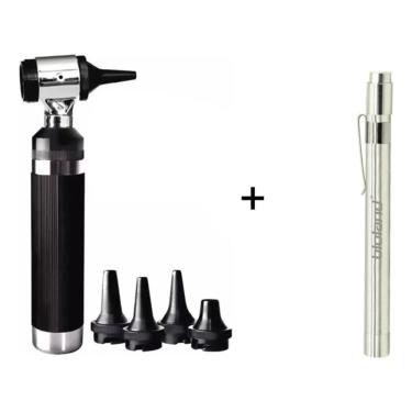 Imagem de Kit Otoscópio TK Profissional Led Com Estojo E Pilhas + Lanterna Clínica Médica De Led Com Clipe De Bolso E Pilhas