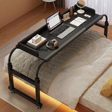 Imagem de Mesa de cama com rodas, altura ajustável de 65 a 95 cm, mesa de computador, mesa de trabalho, bandeja de alimentos, mesa médica com rodinhas para cama de solteiro/casal/queen/king size