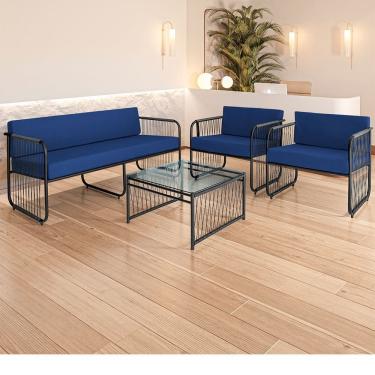 Imagem de Conjunto 2 Poltronas 1 Namoradeira e 1 Mesa de Centro Córdova em Aço Carbono e Fibra Sintética Acesse Móveis