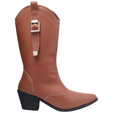 Imagem de Bota Texana Via Angel Feminina, Cano Alto, Couro Sintético, Salto Bloco, Fivela Dourada (Caramelo, BR, Adulto, Numérico, 39)