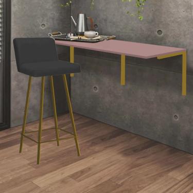 Imagem de Kit Mesa Suspensa de Parede Fixa mdf Rosa + 1 Banqueta Lexi Ferro Dourado Suede Preto - Ahazzo Móveis