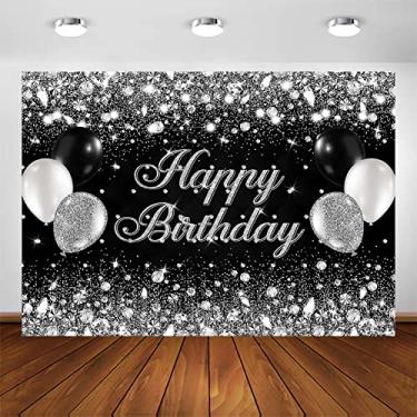 Imagem de Avezano Feliz Aniversário Pano de Fundo Preto e Dourado Glitter Balões Bokeh Spots Decorações de Festa de Aniversário Brilhantes Diamantes Brilhantes Fotografia Fundo para Mulheres Bandeiras de Mesa de Bolo (Prata, 2 x 1,5 m)