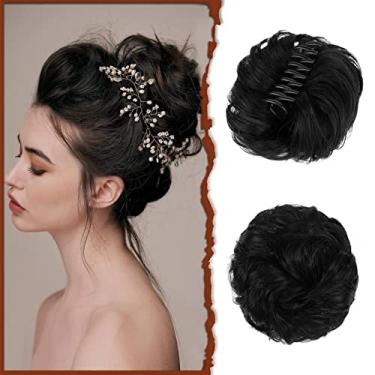 Imagem de SOFEIYAN Aplique De Cabelo Com Presilha De Garra, Coque Bagunçado, Ondulado, Cacheado, Coque, Rabo De Cavalo, Apliques, Extensões De Cabelo Sintético Desgrenhado, Scrunchie, Para Mulheres, Preto Az