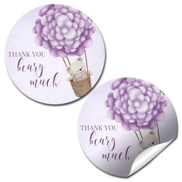 Imagem de Adesivos de chá de bebê de urso de pelúcia roxo para meninas - 40 etiquetas redondas de 5 cm - adesivos de lembrancinha de festa de urso de balão fofos, etiquetas de sacolas de brindes e selos de