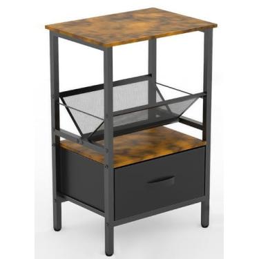 Imagem de Mesa de canto com gaveta de tecido, mesa lateral de madeira estreita, mesa de cabeceira de 3 camadas com suporte para toca-discos, mesa de cabeceira de sofá para cômoda de pequenos espaços na sala de