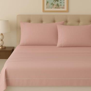 Imagem de Jogo de Cama Queen 4 Peças 100% Algodão Egípcio 300 Fios com Ponto Palito – Lençol com Elástico + Lençol Superior + 2 Fronhas (Rosê)