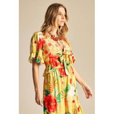 Imagem de Cropped Com Amarração Na Frente E Lastex Amarelo Estampado Yacamim A9,