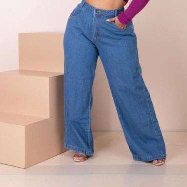 Imagem de Calça Jeans Escuro Versão Lisa Pantalona Wide Leg Plus Size Tecido Pre