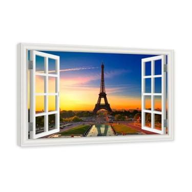 Imagem de NHLDZYH Janela de arte de parede com impressão em tela. Vista de janela falsa. Impressão de imagem natural em tela. Arte de cenário para decoração de sala de estar. (Vista da Torre Eiffel de Paris 20