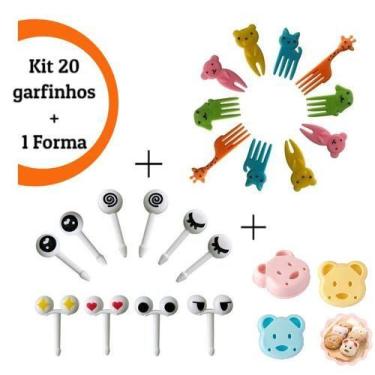 Imagem de Kit 20 Garfinhos + 1 Forma Petisco Lancheira Olhinho Animais - Bruartt