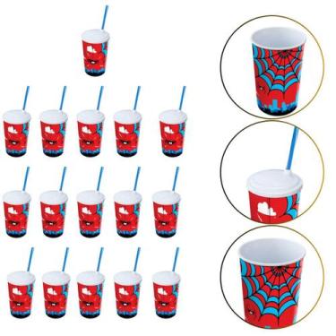 Imagem de Kit 16 Copo de Plástico 550 ML Herói Homem Aranha Com Canudo - Arqplas