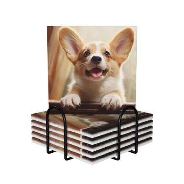 Imagem de Porta-copos para bebidas, conjunto de 6 porta-copos redondos absorventes de cerâmica antiderrapante com suporte e base de cortiça, tapete reutilizável para copos de corgi fofo para tipos de xícara