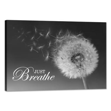 Imagem de SKASNFAI Just Breathe arte de parede Zen escritório decoração de parede inspiradora citações de ioga positivo relaxar imagem de arte preto e branco impressão de pôsteres de dente-de-leão para sala de