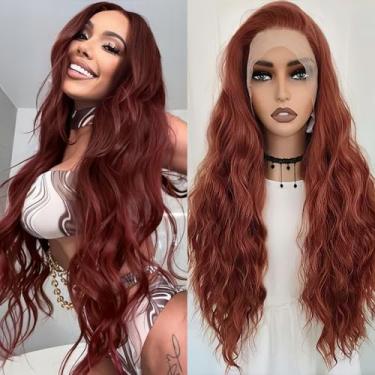 Imagem de RONGDUOYI Peruca Ruiva Longa Ondulada E Cacheada Sintética, Frontal De Renda Sem Cola, Cabelo Natural Ondulado, Cobre, Vermelho, Para Mulheres, Festa Diária, Cosplay