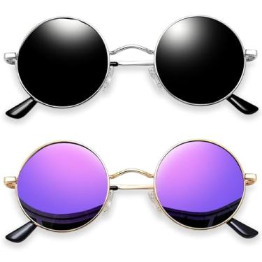 Imagem de Óculos de Sol Joopin Redondos Masculinos e Femininos Polarizados,John Lennon Pequeno Círculo Hippie Vintage Retrô Steampunk Armação de Metal com Proteção UV (Prata Preto+Roxo Espelhado)