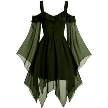 Imagem de FRMUIC Vestido gótico renascentista para mulheres, Halloween, plus size, fantasia de bruxa, manga borboleta, medieval, steampunk, vestido cosplay, 02 - vestido vintage verde, Large