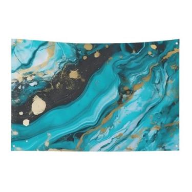 Imagem de Bandeira de mármore dourada azul turquesa 152 x 243 cm sem desbotamento bandeira de boas-vindas bandeiras de jardim quintal decoração de casa decorativa jardim quintal banner interior exterior festa