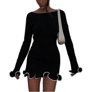 Imagem de Mini Vestido Preto De Malha Elegante Para Mulheres Outono Manga Comprida Com Babados Moda Vestido De Festa Comutar Vestidos De Suéter Curto Feminino, Black, M