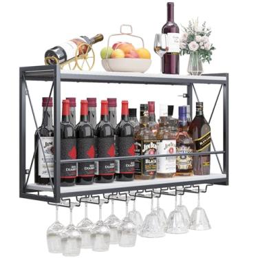 Imagem de Dokser Prateleira de vinho montada na parede - 2 níveis, madeira rústica e estrutura de ferro industrial suporte de garrafa de vinho para cozinha, sala de jantar, decoração de bar de casa (branco)