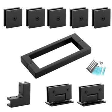 Imagem de MCOCOD Kit de ferragens de porta de chuveiro para configuração de chuveiro de canto sem moldura, inclui dobradiças, alças quadradas, braçadeiras em U e conector, para vidro de 1,5 a 1,9 cm, banheira
