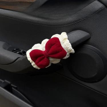 Imagem de MINGZAIQIPEI 2 peças capa de alça de garra de carro de gravata borboleta fofa, luvas macias de pelúcia para carro capa de puxador de porta interna, protetor de alça acessórios interiores automotivos