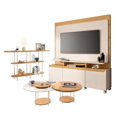 Imagem de Estante Home Theater Quantum Off White Cinamomo E Aparador Infinity E Kit Mesa De Centro Sky Cinamomo– Hb Móveis