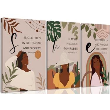 Imagem de ANVOTIG 3 peças de arte de parede em tela de menina negra mulher afro-americana decoração de parede inspiradora boho placas de cultura country ocidental pôsteres para quarto sala de estar banheiro