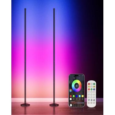 Imagem de YIKBIK 2 lâmpadas de piso de canto RGB + W, lâmpada de piso LED de 24 V que muda de cor de 165 cm com aplicativo Bluetooth branco legal, controle remoto, sincronização de música, lâmpada de suporte