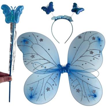 Imagem de Asa de Borboleta Fantasia Infantil Kit com Varinha e Tiara Fada Festa Carnaval Lembrancinha (Azul)