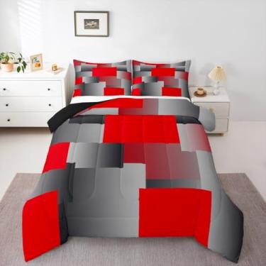 Imagem de Erosebridal Jogo de cama geométrico vermelho, arte abstrata, moderno, preto, cinza, renderização, geométrico, para crianças, adolescentes e adultos, edredom com estampa geométrica retangular