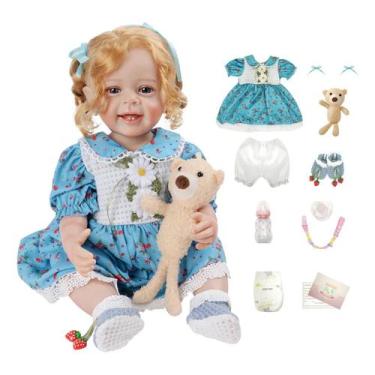 Imagem de Boneca Bebê Reborn Brastoy Silicone Realista Loira 55cm Kit Acessórios
