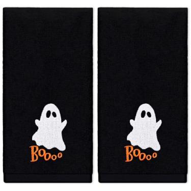 Imagem de Whaline Toalhas de mão de Halloween Boo Ghost Toalha de banho de algodão bordada preta toalha de banho absorvente para secagem das mãos limpeza cozinhar, 29,5 x 13,7 polegadas, 2 peças