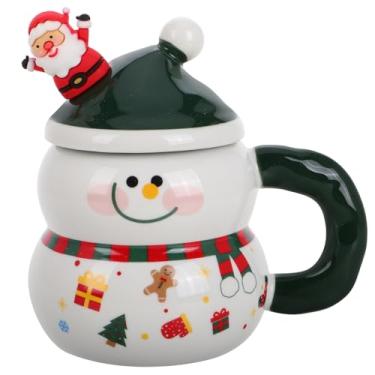 Imagem de JECOMPRIS Boneco de neve Canecas com tampa: Canecas de café de Natal de porcelana com colher para café chocolate quente - Cerâmica de Natal Bonito Drinkware para Mulheres Homens Casa Inverno Férias