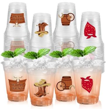 Imagem de 50 peças de copos de cowboy do oeste selvagem ocidental de 350 ml, copos de plástico de caubói decorações chapéu botas barril de madeira bandana vermelha impressão copo de plástico suco bebida