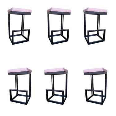 Imagem de Kit 06 Banquetas Londres Base De Ferro Sued Rosa Bebê D'classe Decor