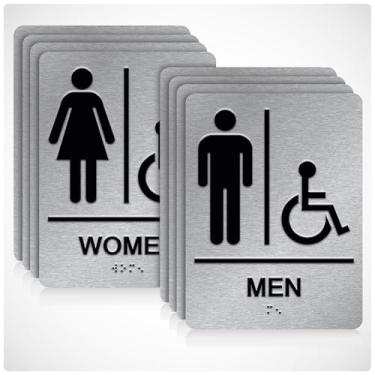 Imagem de DALLAHASEE Placa de banheiro ADA Braille Handicap com fita dupla face 3M - Placas de banheiro masculinas e femininas de alumínio para deficientes, 15 x 20 cm para escritórios, empresas e restaurantes