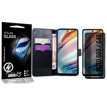 Imagem de Capinha Carteira + Película Privacidade Para Moto G60 Xt2135-1 6.8 - C