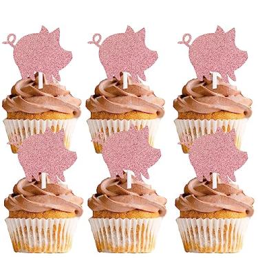 Imagem de 18 peças de enfeite de cupcake de sobremesa com glitter rosa tema de porco de fazenda suprimentos de decoração de chá de bebê meninas meninos decorações de festa de feliz aniversário
