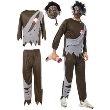 Imagem de Xinxiaomeng Fantasia masculina de zumbi, 3 peças, fantasia assustadora de mortos-vivos, máscara de zumbi, roupas assustadoras para cosplay de Halloween, Verde, G