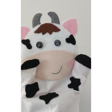 Imagem de Fantoche de Vaquinha Artesanal em Feltro, Branco e Preto, Brinquedo Educativo para Crianças, Feito à Mão