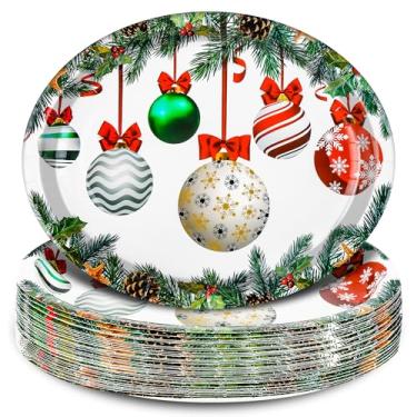 Imagem de Houuqe 48 peças de pratos de papel ovais descartáveis de Natal 23 x 28 cm, grandes pratos de bola de Natal descartáveis, pratos de jantar de Natal, conjunto de utensílios de jantar para decoração de