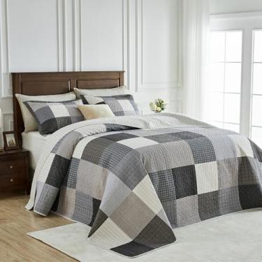 Imagem de Bedduvit 100% algodão 304.8 cm x 325.1 cm Colchas King extragrandes Califórnia – Farmhouse Patchwork Xadrez Conjunto de cama extra largas, cinza/bege/preto